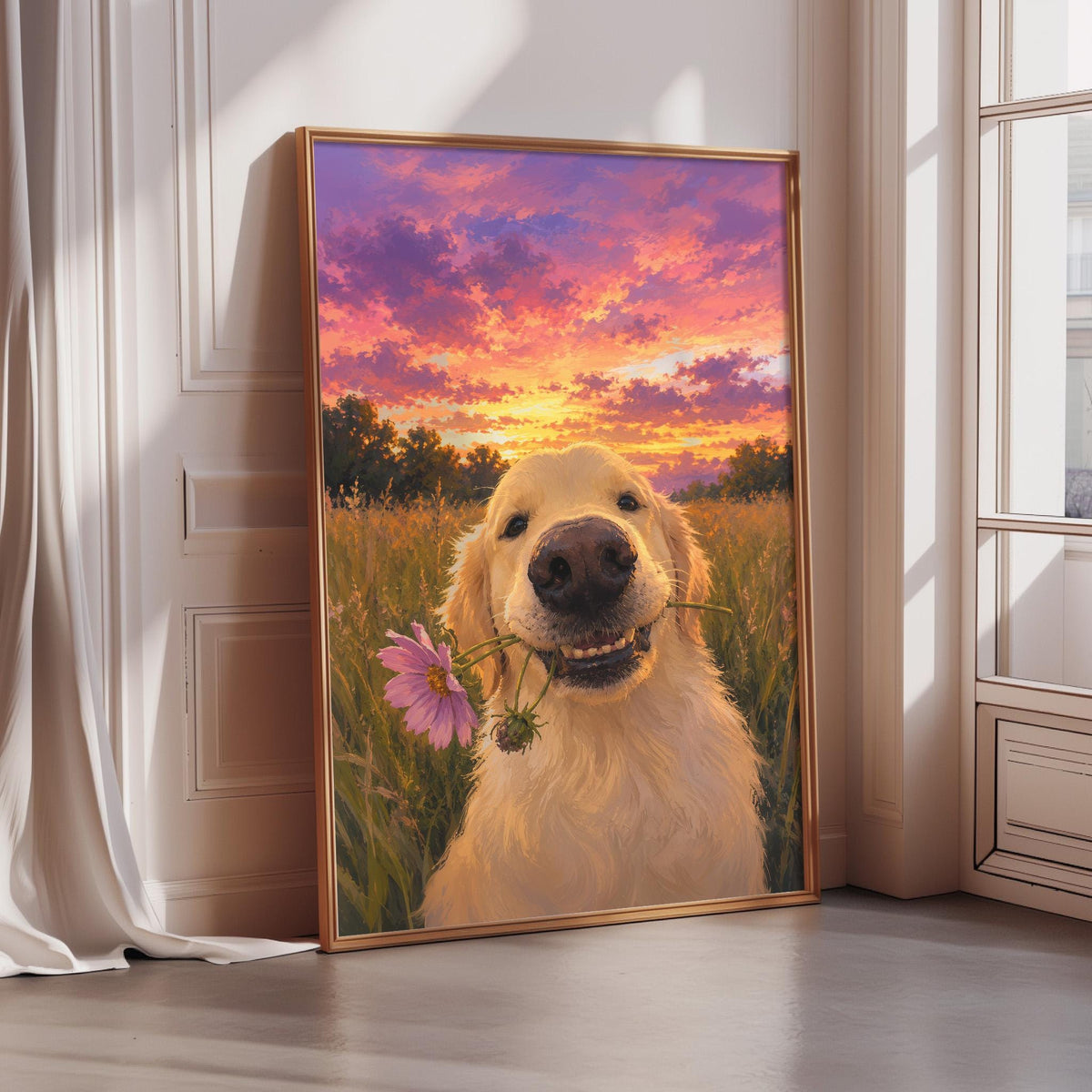 A framed painting depicting a golden retriever dog holding a pink flower in a field with a colorful sunset in the background.