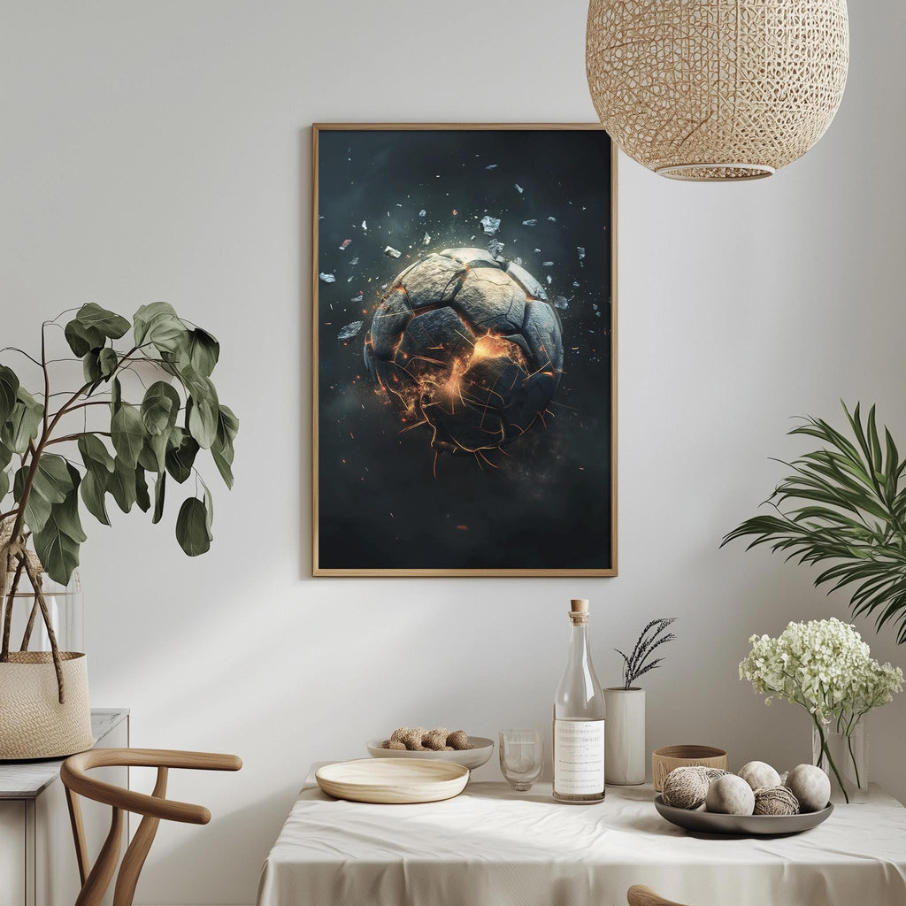 a framed artwork depicting a soccer ball with a fiery explosion, hanging on a wall above a dining table with various items on it.