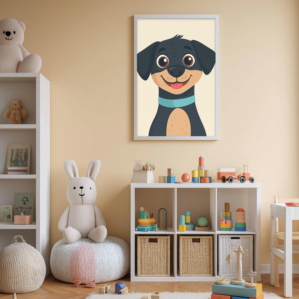 A child's bedroom with a white bookshelf, a stuffed rabbit, a stuffed dog, and a framed picture of a cartoon dog on the wall.