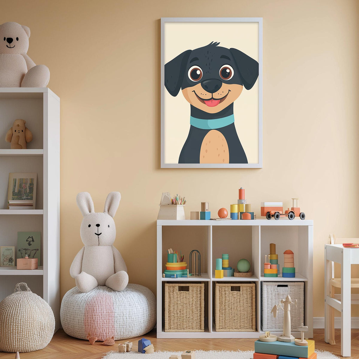 A child's bedroom with a white bookshelf, a stuffed rabbit, a stuffed dog, and a framed picture of a cartoon dog on the wall.