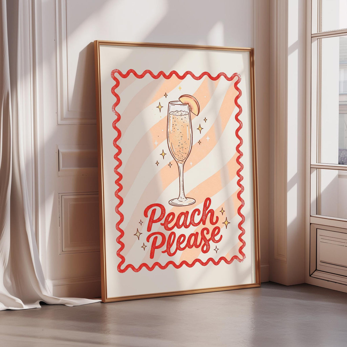 A framed poster with a glass of champagne and the text "Peach Please" on it, placed on a wall near a window.