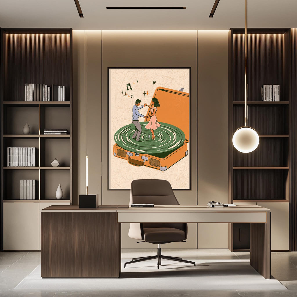 a modern office space with a large framed illustration of a man and a woman standing on a suitcase, surrounded by various objects such as books, vases, and a lamp.