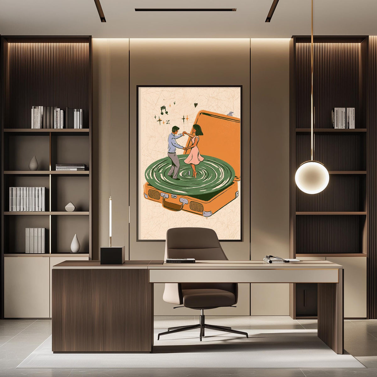 a modern office space with a large framed illustration of a man and a woman standing on a suitcase, surrounded by various objects such as books, vases, and a lamp.