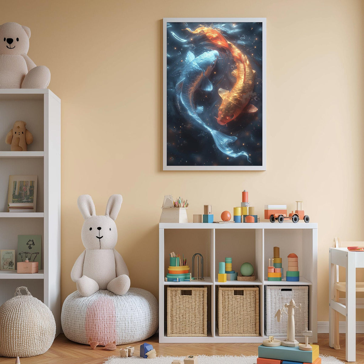A child's bedroom with a large stuffed rabbit, a bookshelf, and a colorful toy set. The walls are painted a light peach color, and a framed artwork depicting a fish and a rabbit is displayed above the bookshelf.