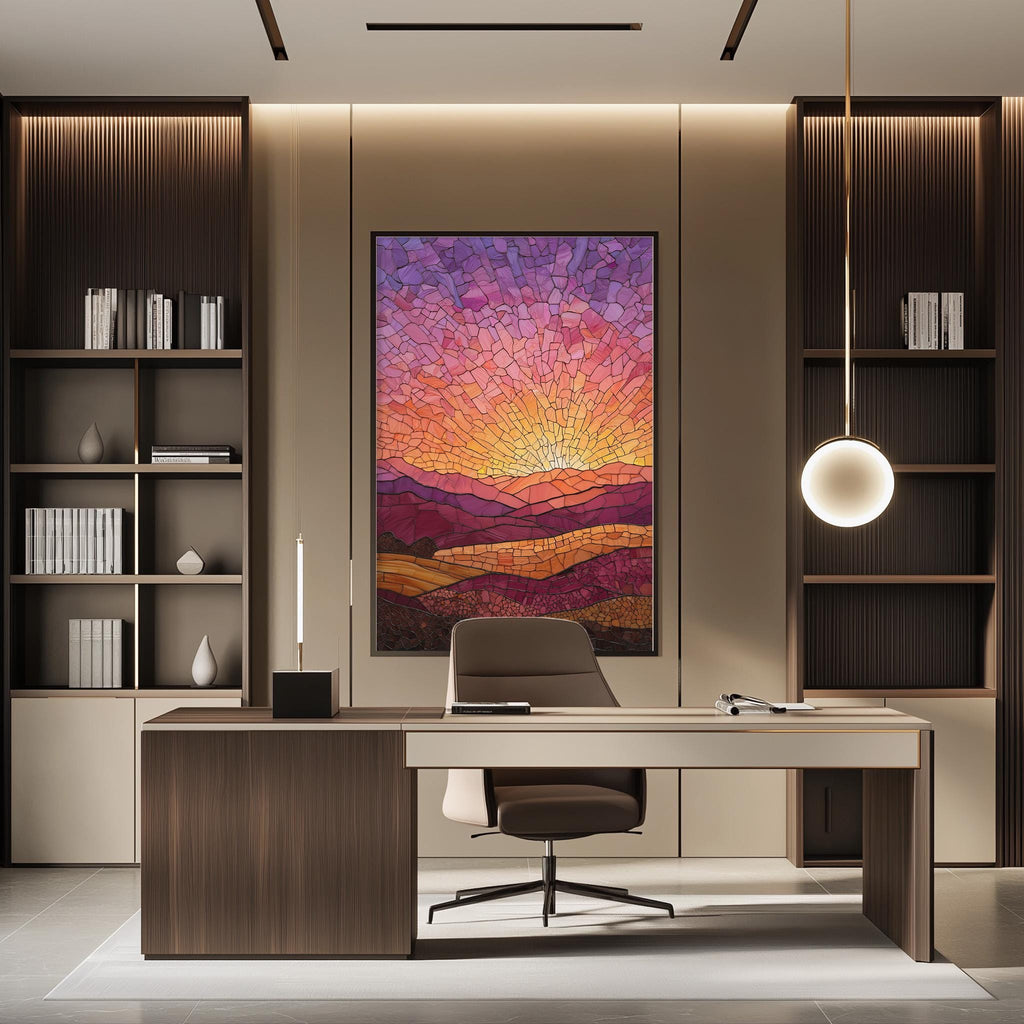 a modern and well-lit office space with a large, colorful painting of a sunset on the wall. The office features a wooden desk with a chair, a bookshelf, and a pendant light.