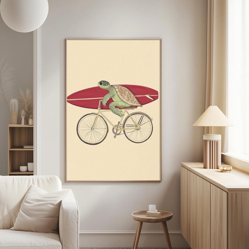 a turtle riding a bicycle, with a surfboard attached to the back of the bicycle.