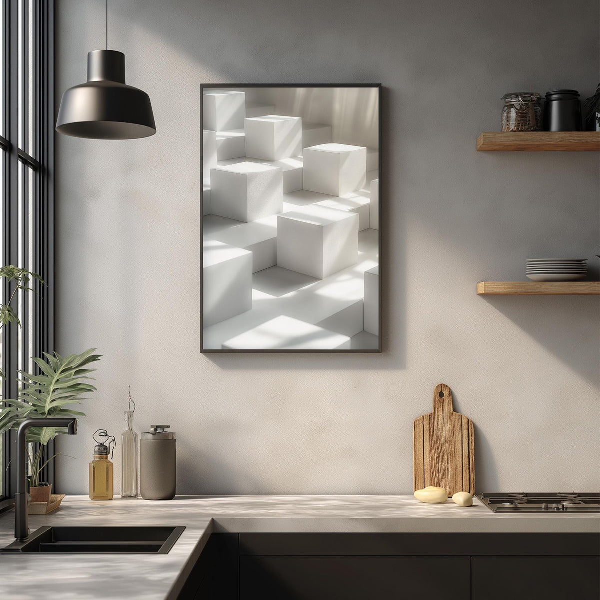 a modern kitchen with a minimalist design. The kitchen has a large window that allows natural light to flood the space, and a pendant light hangs above the sink. The countertop is adorned with various kitchen items, including a cutting board, a bottle, and a vase. A framed picture of white cubes is displayed on the wall, adding an artistic touch to the room.