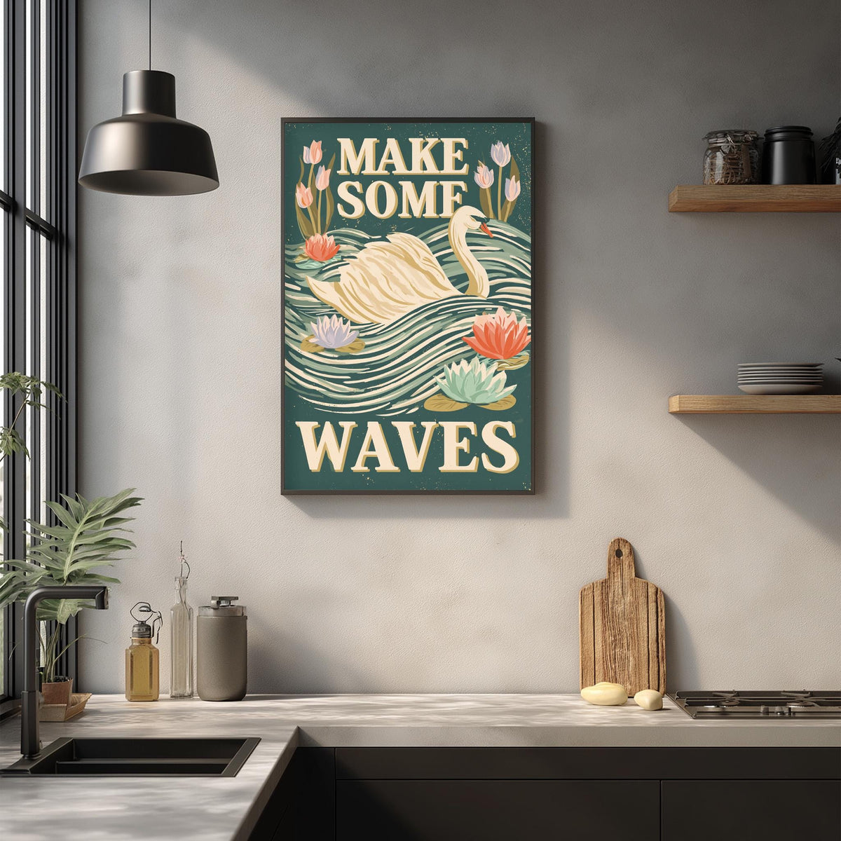 a kitchen counter with various kitchen items such as a cutting board, a bottle, and a jar. Above the counter, there is a framed poster with a swan and the text "MAKE SOME WAVE".