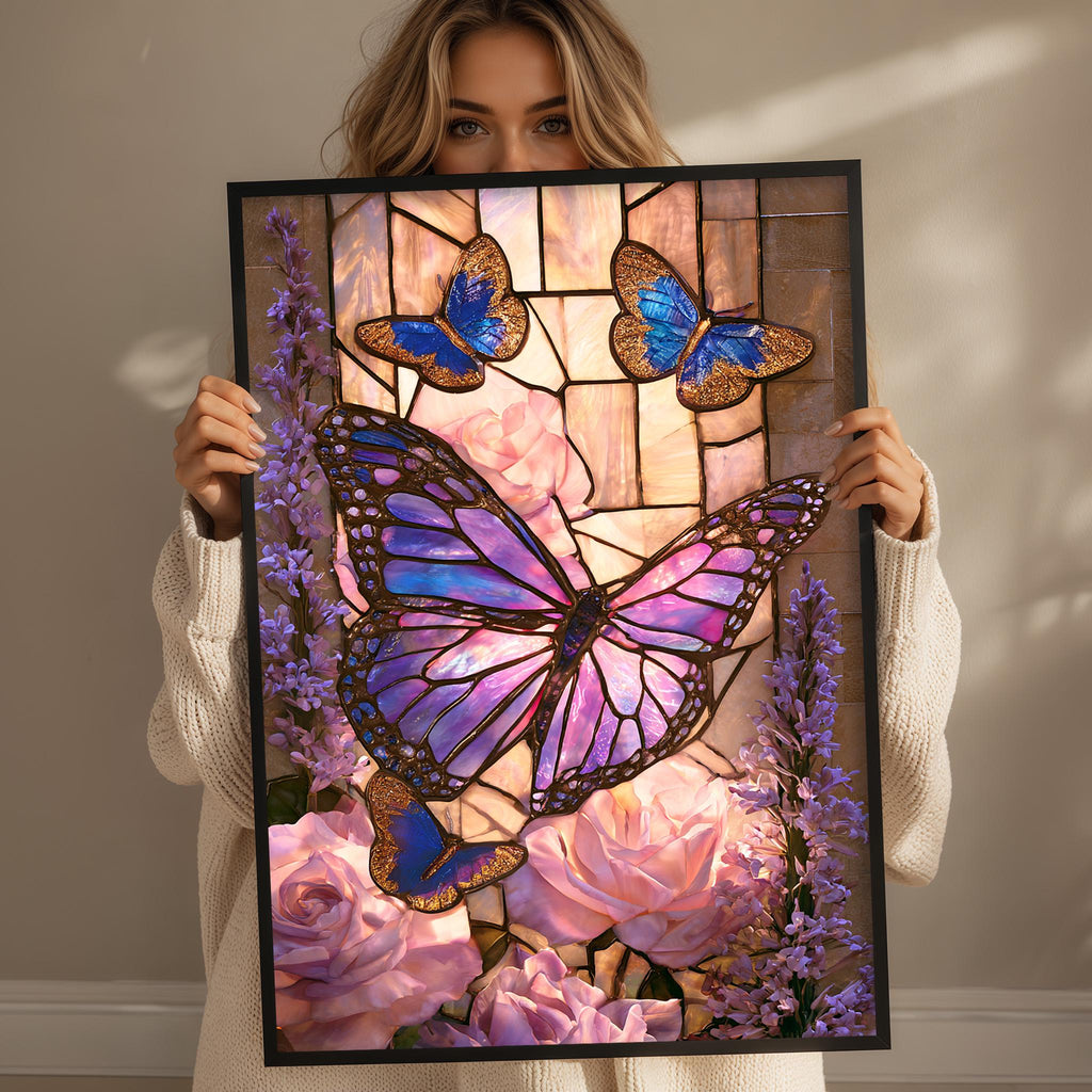 A woman holds up a framed stained glass artwork featuring a butterfly and flowers.