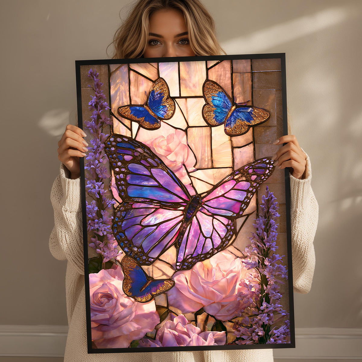 A woman holds up a framed stained glass artwork featuring a butterfly and flowers.