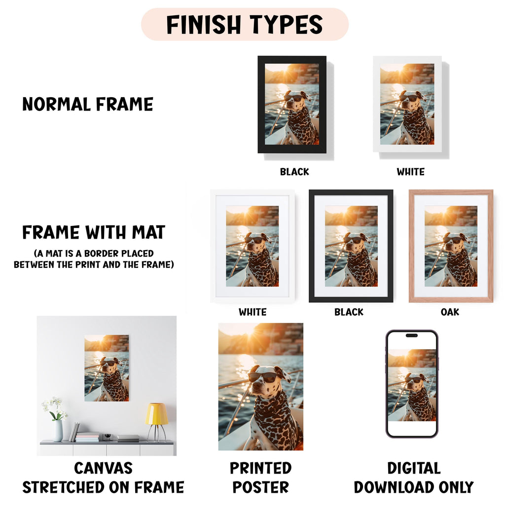 various finish types for canvas and poster prints, including a normal frame, a black frame, a white frame, a black frame, an oak frame, a white frame, a black frame, and a digital download only.