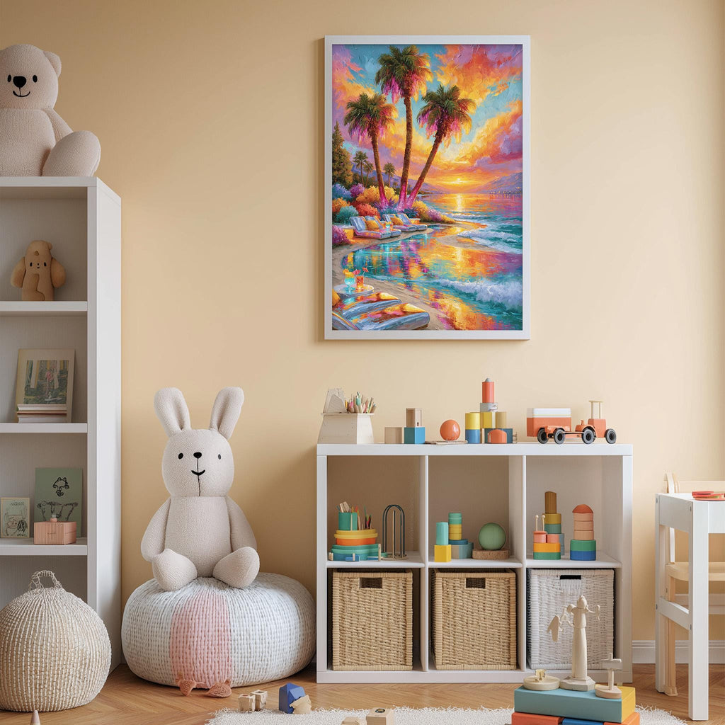 A child's bedroom with a large painting of a tropical beach scene hanging on the wall, a white bookshelf filled with toys, and a stuffed rabbit sitting on a bean bag chair.