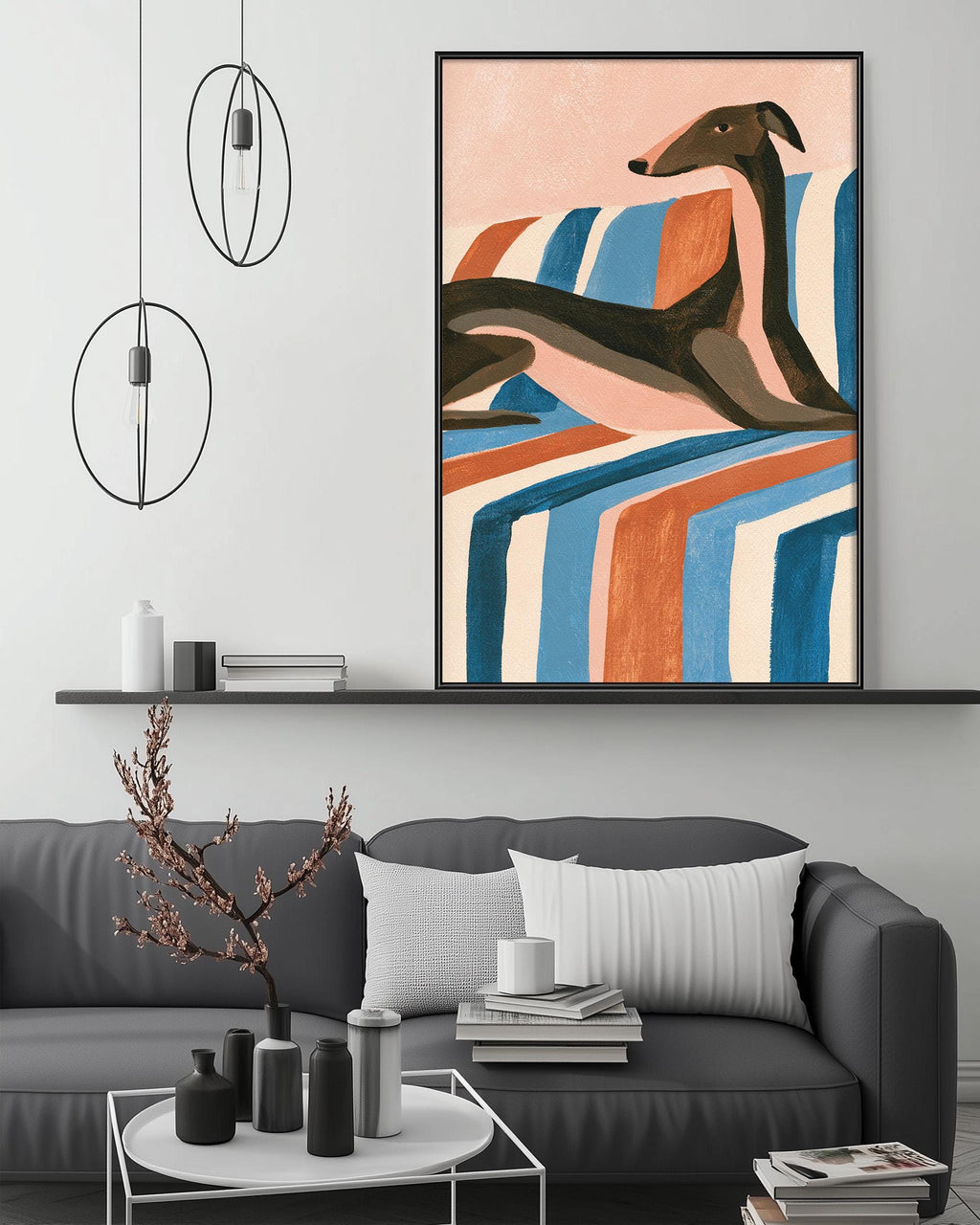 a modern living room with a gray sofa, a coffee table, and a large abstract painting hanging on the wall above the sofa.