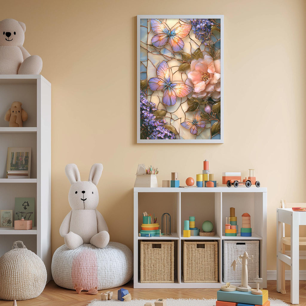 A cozy and colorful children's bedroom with a large stuffed bunny, a bookshelf, and a toy chest filled with toys. The walls are painted a light peach color, and a framed picture of flowers hangs above the bookshelf.