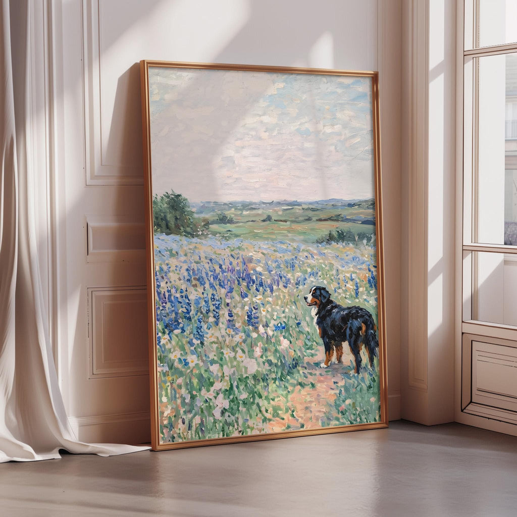 a large painting of a dog standing in a field of flowers, with a blue sky and clouds in the background.