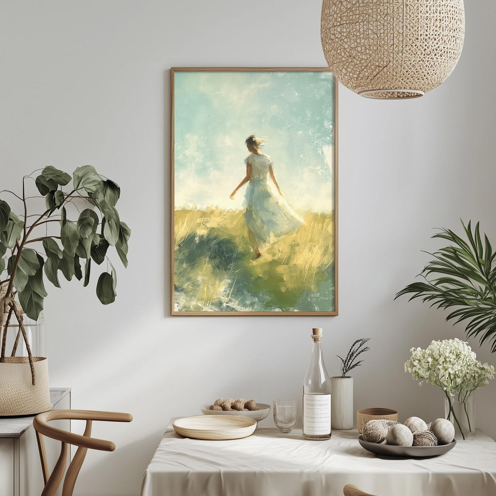 a painting of a woman in a flowing dress standing in a field, with a dining table and chairs in the foreground.