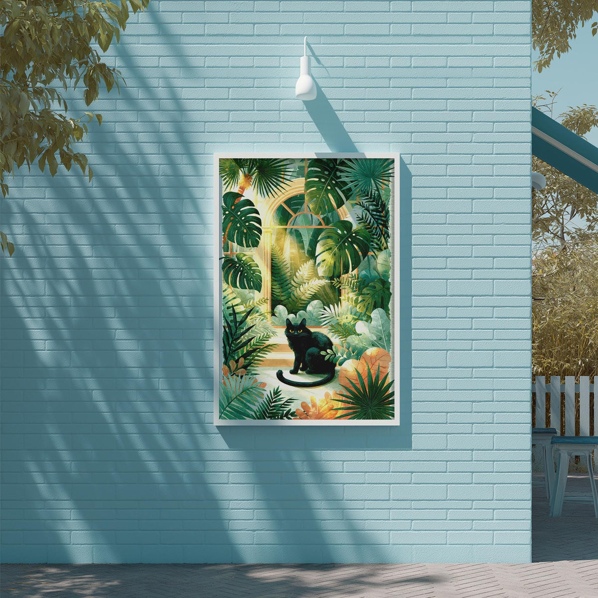 a vibrant painting of a cat sitting on a windowsill, surrounded by lush tropical foliage, including palm leaves and other greenery. The painting is displayed on a blue wall, with a white light fixture hanging above it.