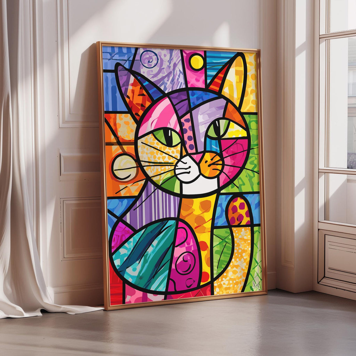 a vibrant, colorful abstract painting of a cat, with bold geometric shapes and patterns in a variety of bright colors.
