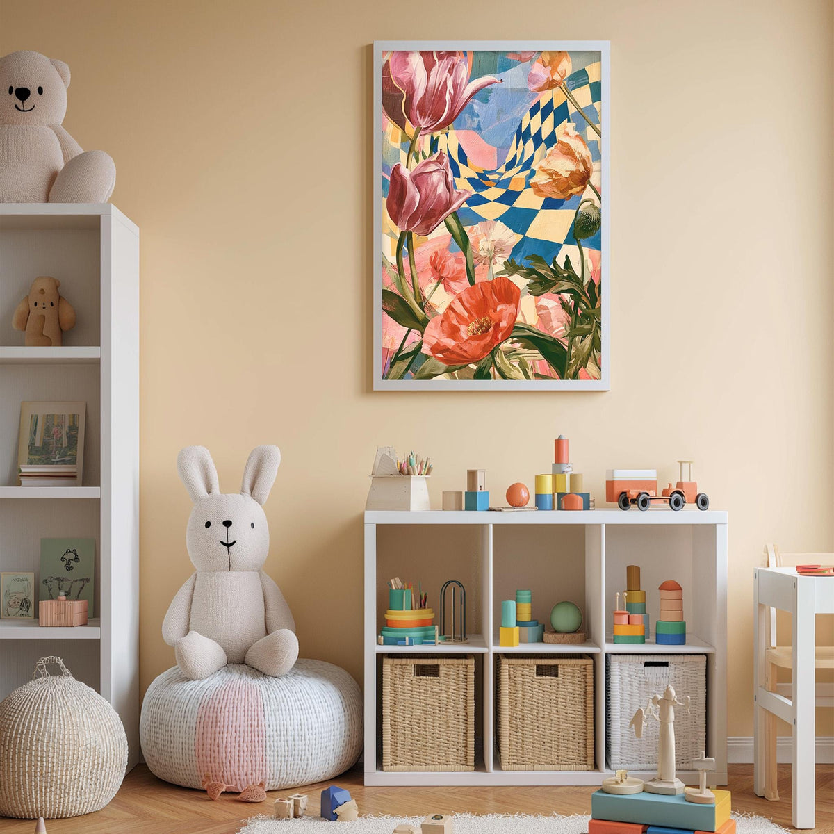 A cozy and colorful children's bedroom with a large floral print on the wall, a white bookshelf filled with toys, and a plush rabbit sitting on a bean bag chair.