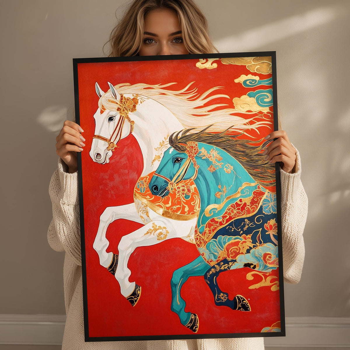 A woman holds up a framed painting of two horses, one white and one blue, against a red background.