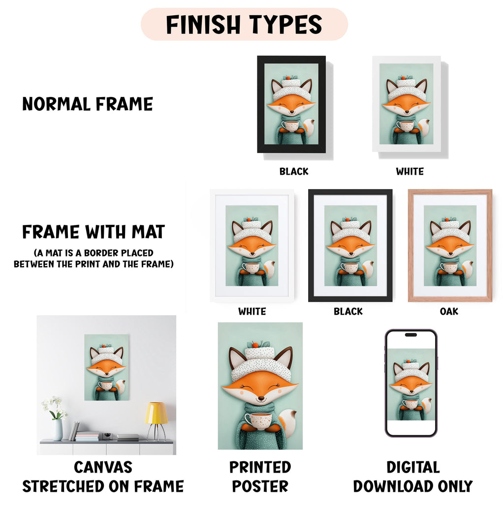 various framed artworks featuring a cartoon fox, including different frame colors and styles.