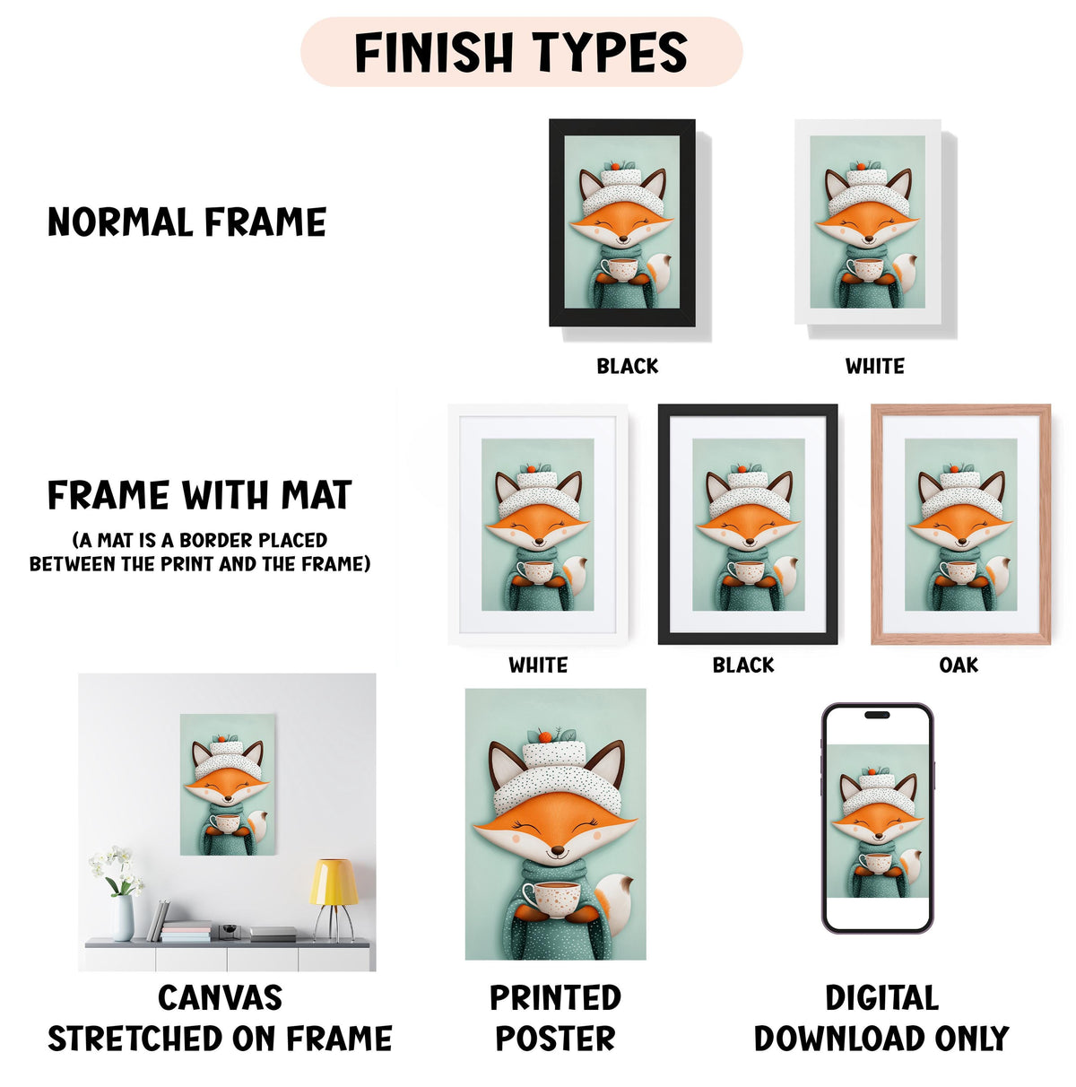 various framed artworks featuring a cartoon fox, including different frame colors and styles.