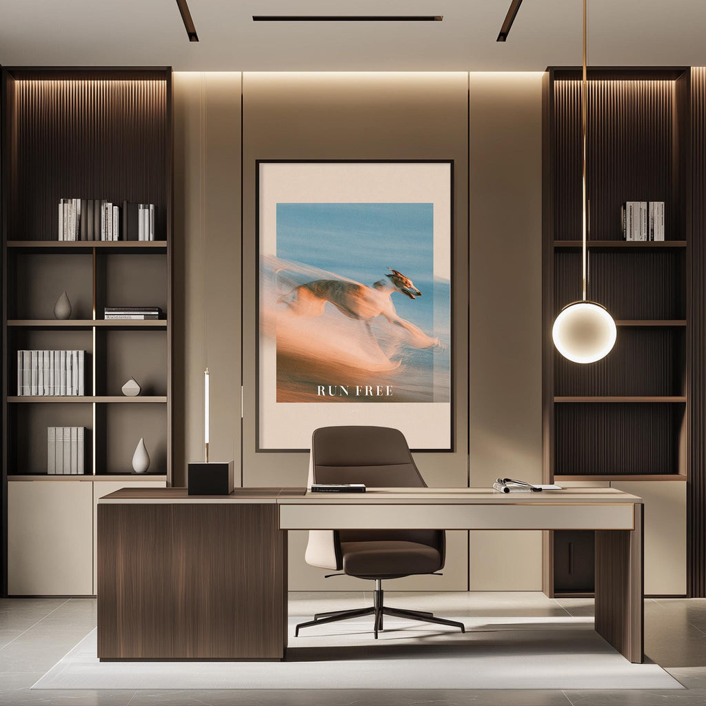 a modern and stylish office space with a large framed poster of a person running on the wall, a wooden desk with a chair, and built-in bookshelves.