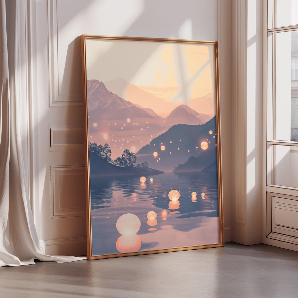 a large framed painting depicting a serene landscape with mountains, a lake, and floating lanterns in the water.