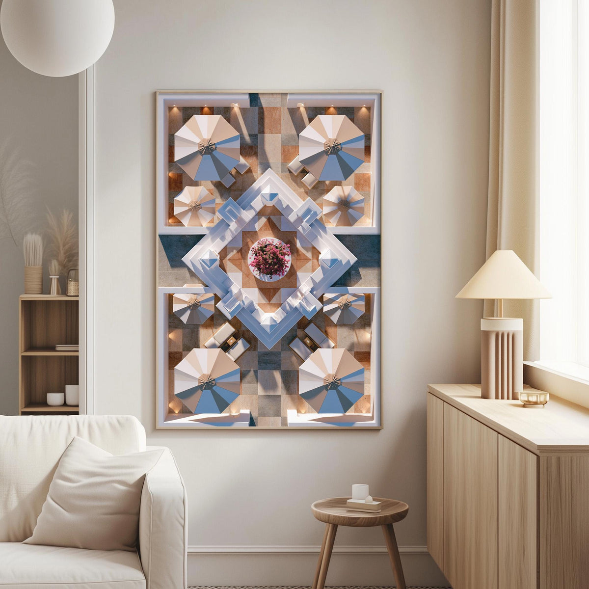 a modern living room with a large abstract painting hanging on the wall. The painting is composed of various geometric shapes and patterns in shades of blue, white, and beige. The room also includes a white sofa, a wooden side table, and a lamp on a wooden cabinet.