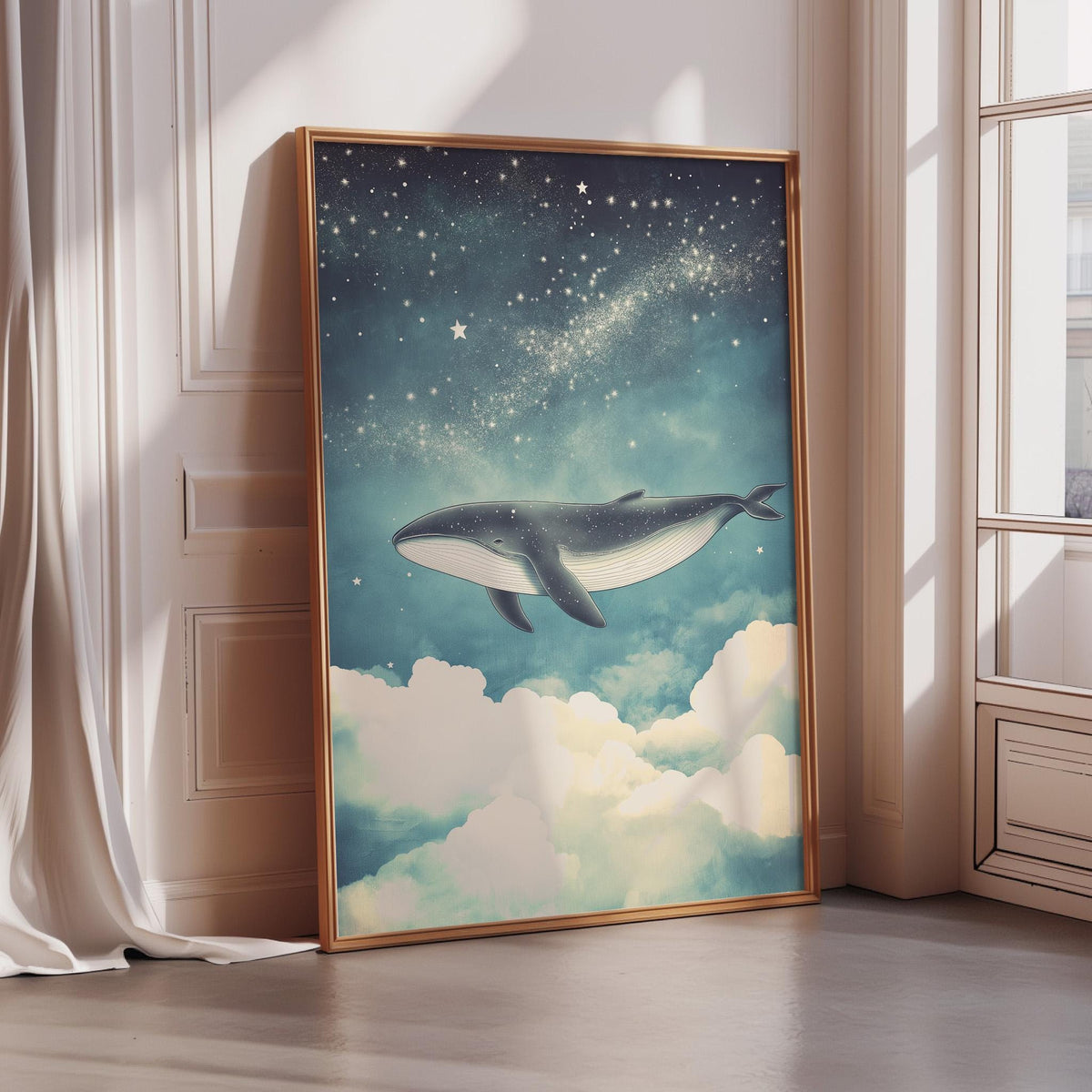 a large framed painting depicting a whale swimming in the sky with stars and clouds.