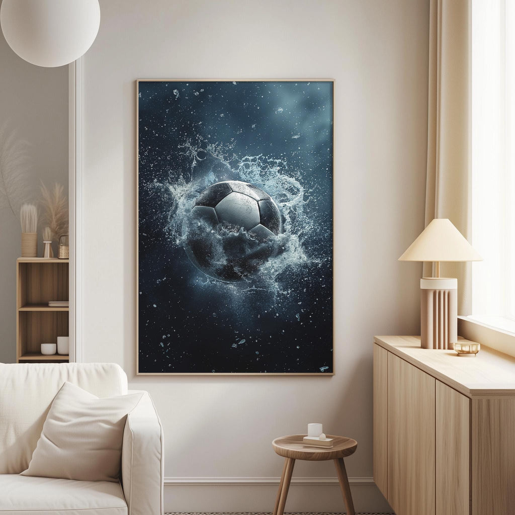 a large framed artwork depicting a soccer ball surrounded by water splashes, hanging on a wall in a living room setting.