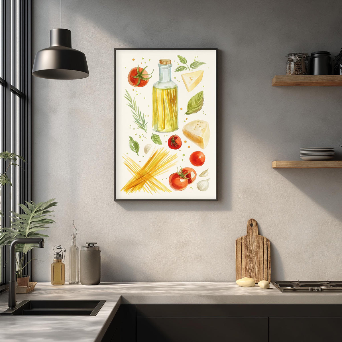a kitchen scene with a framed illustration of various Italian food items, including tomatoes, cheese, pasta, and olive oil, hanging on the wall above a kitchen counter.