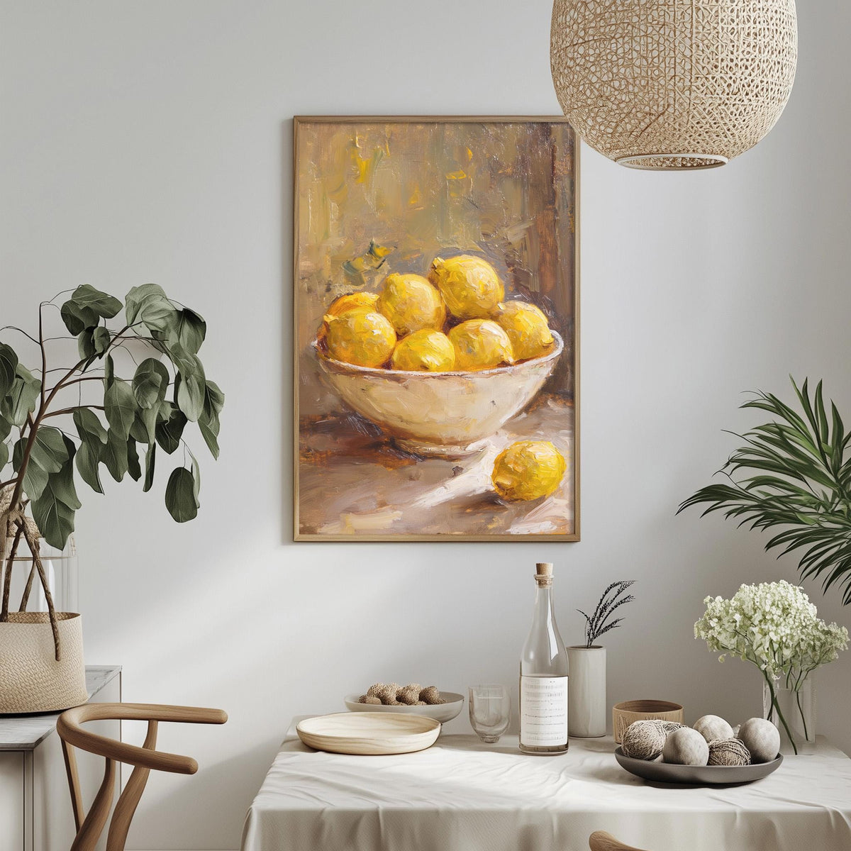 a dining table with a bowl of lemons, a bottle, and a vase of flowers, along with a potted plant and a hanging light fixture.