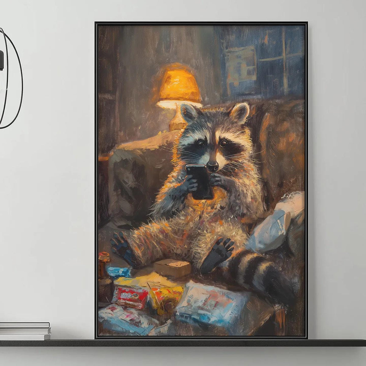 a raccoon sitting on a couch, holding a cup, with a painting of a raccoon on the wall above a coffee table with various decorative items.