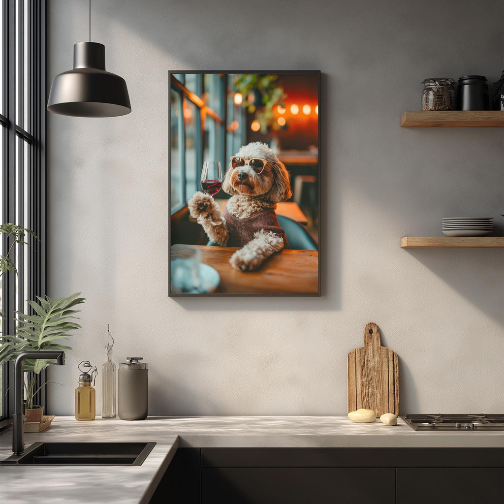 A framed photo of a dog sitting at a table, holding a glass of wine, is hanging on a wall in a modern kitchen.