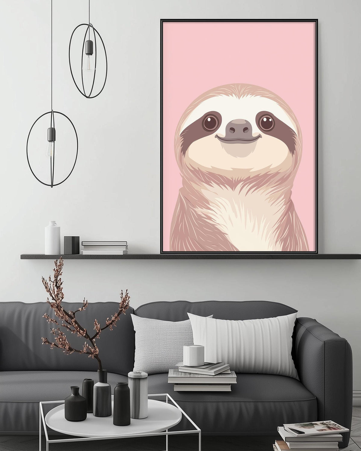 a cozy living room with a gray couch, a coffee table, and a large framed illustration of a sloth on the wall above it.