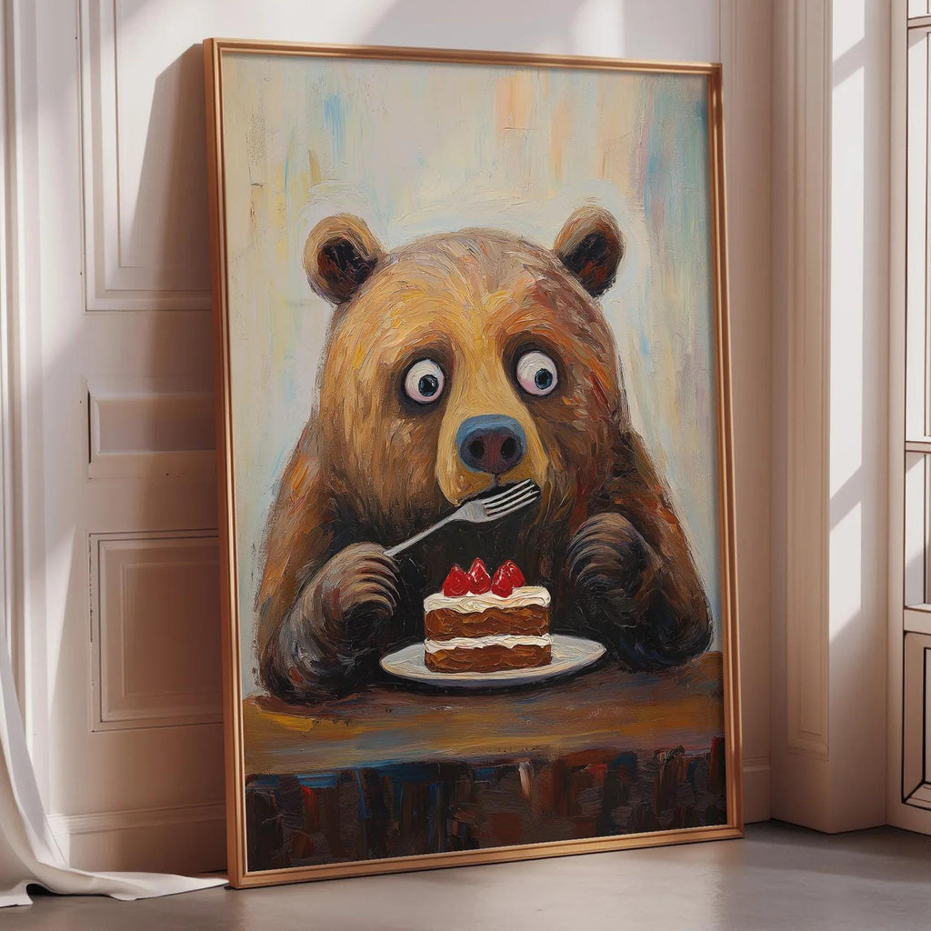 a painting of a bear sitting at a table and eating a piece of cake.