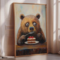 a painting of a bear sitting at a table and eating a piece of cake.