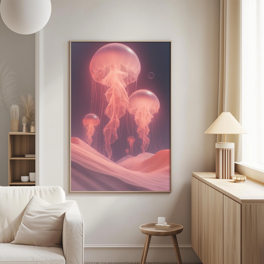 a large, vibrant painting of jellyfish floating in a pink and purple landscape, hanging on a wall in a living room.