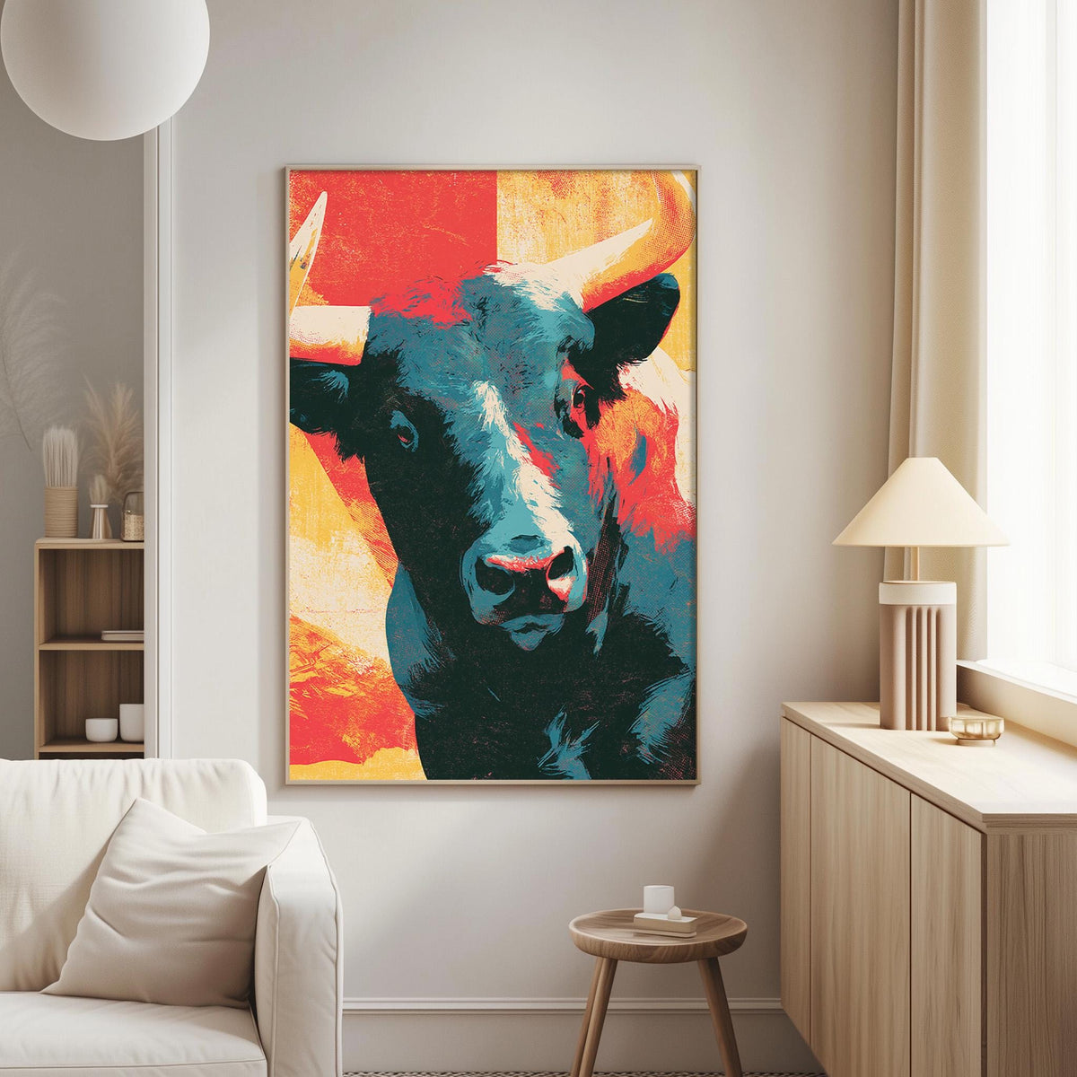 a large, colorful painting of a bull's head hanging on the wall of a living room.