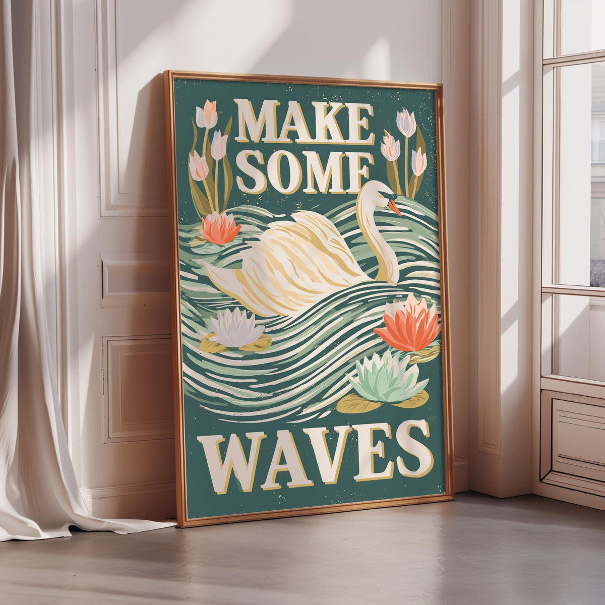 A framed poster with a swan and flowers, along with the text "MAKE SOME WAVE" displayed on it.