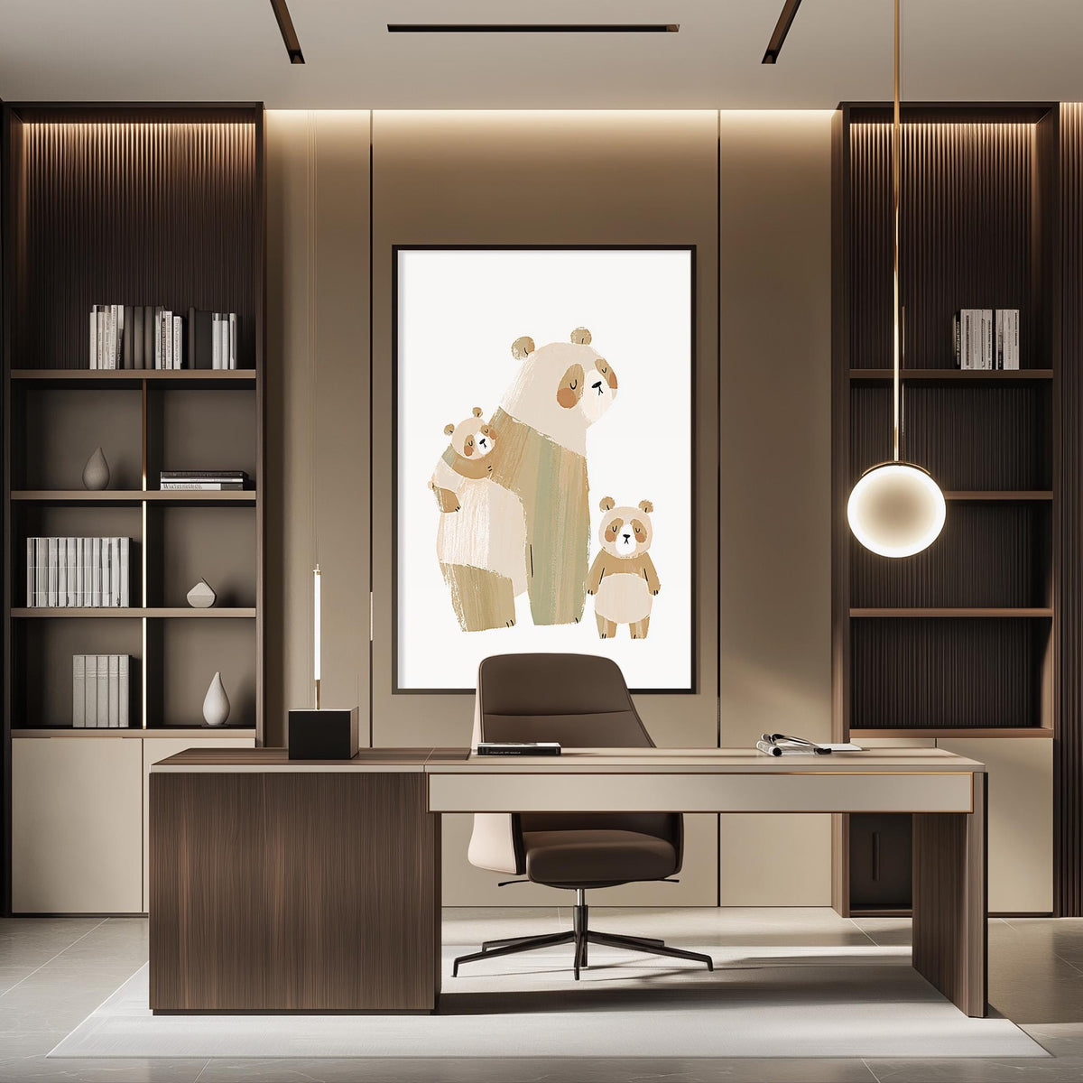 a modern and well-organized office space with a large wooden desk, a comfortable chair, and a framed illustration of three cartoon bears on the wall.