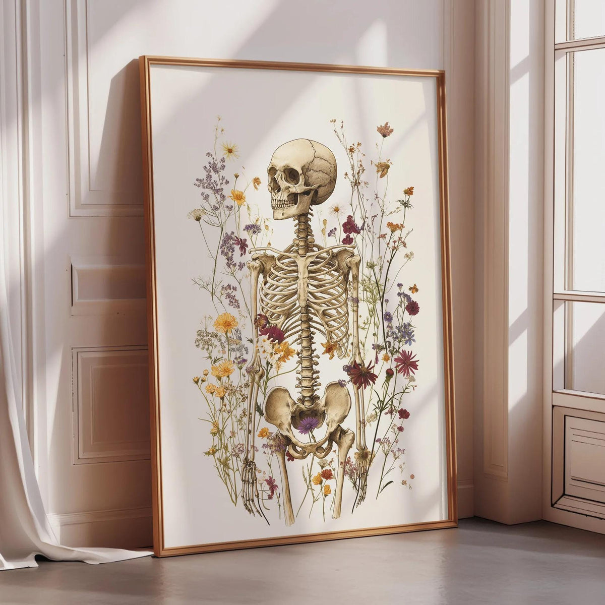 a framed illustration of a skeleton surrounded by a variety of flowers and plants.