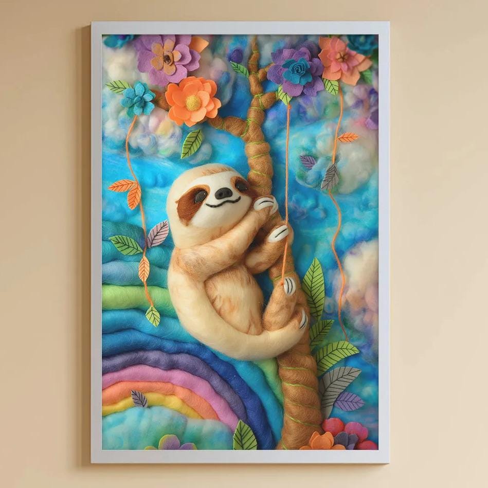 A child's bedroom with a white bookshelf, a stuffed rabbit, a colorful painting of a sloth hanging on the wall, and various toys and storage bins on the shelves.