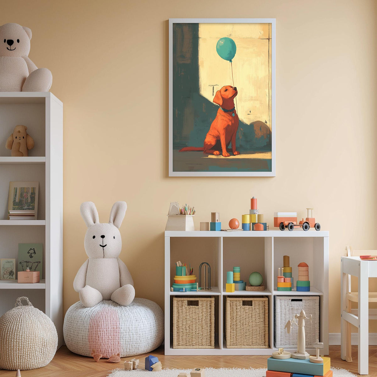 A cozy children's room with a white bookshelf, a stuffed rabbit, a stuffed dog, and a framed painting of a dog holding a blue balloon.