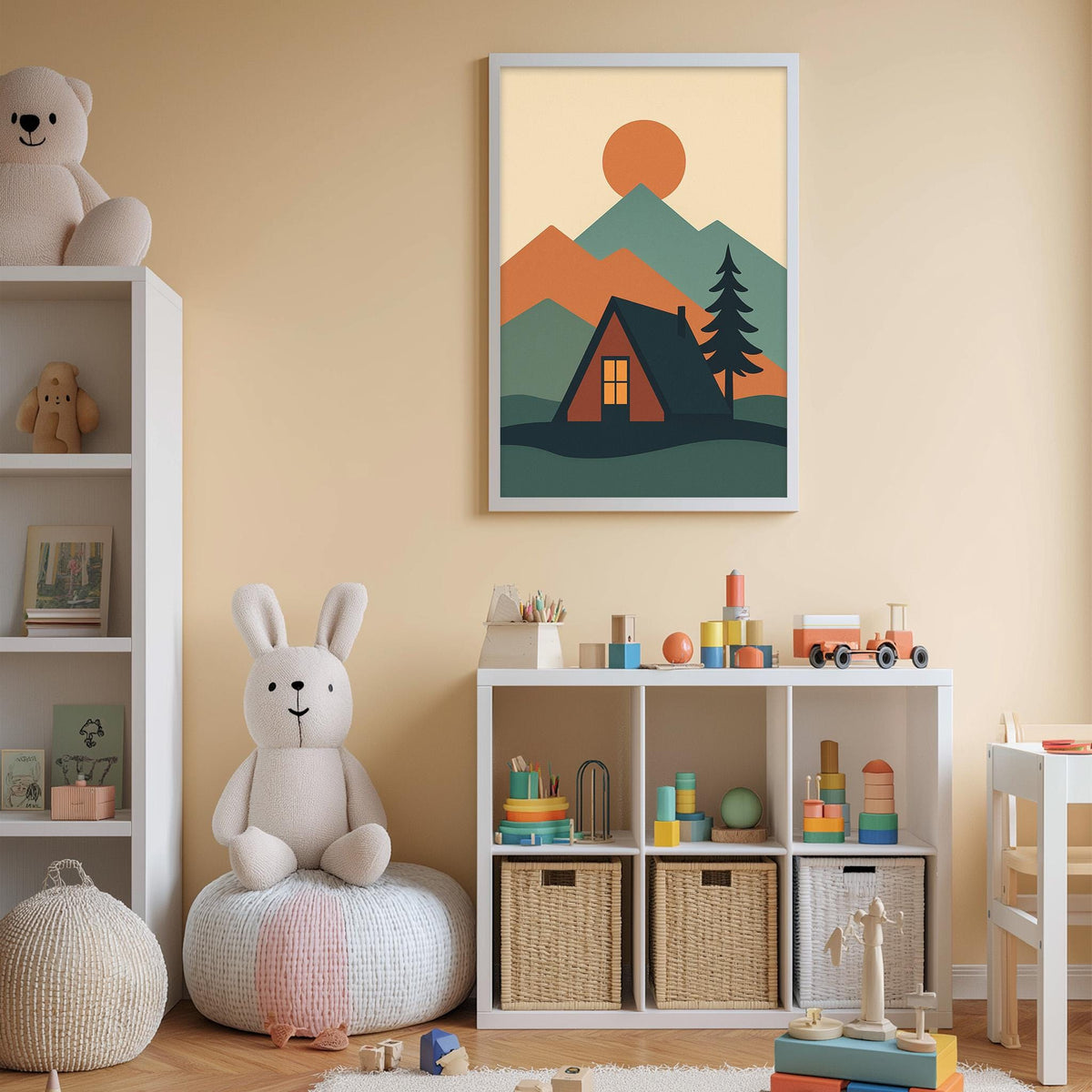 A cozy children's room with a large stuffed rabbit, a bookshelf, and a colorful toy box filled with various toys. A framed picture of a mountain landscape with a cabin is displayed on the wall above the toy box.