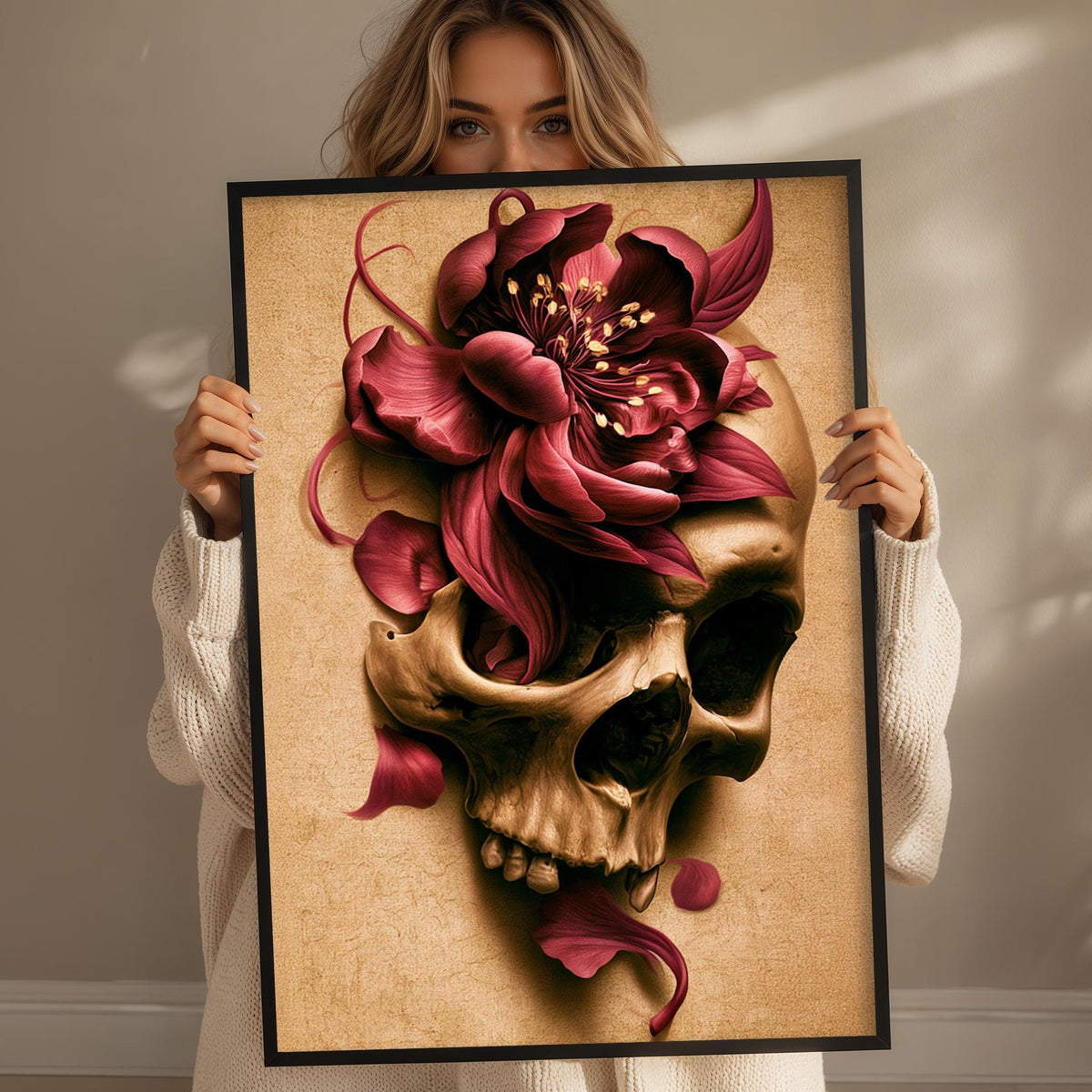 A woman holds a framed artwork featuring a skull with a large, vibrant red flower on top of it.