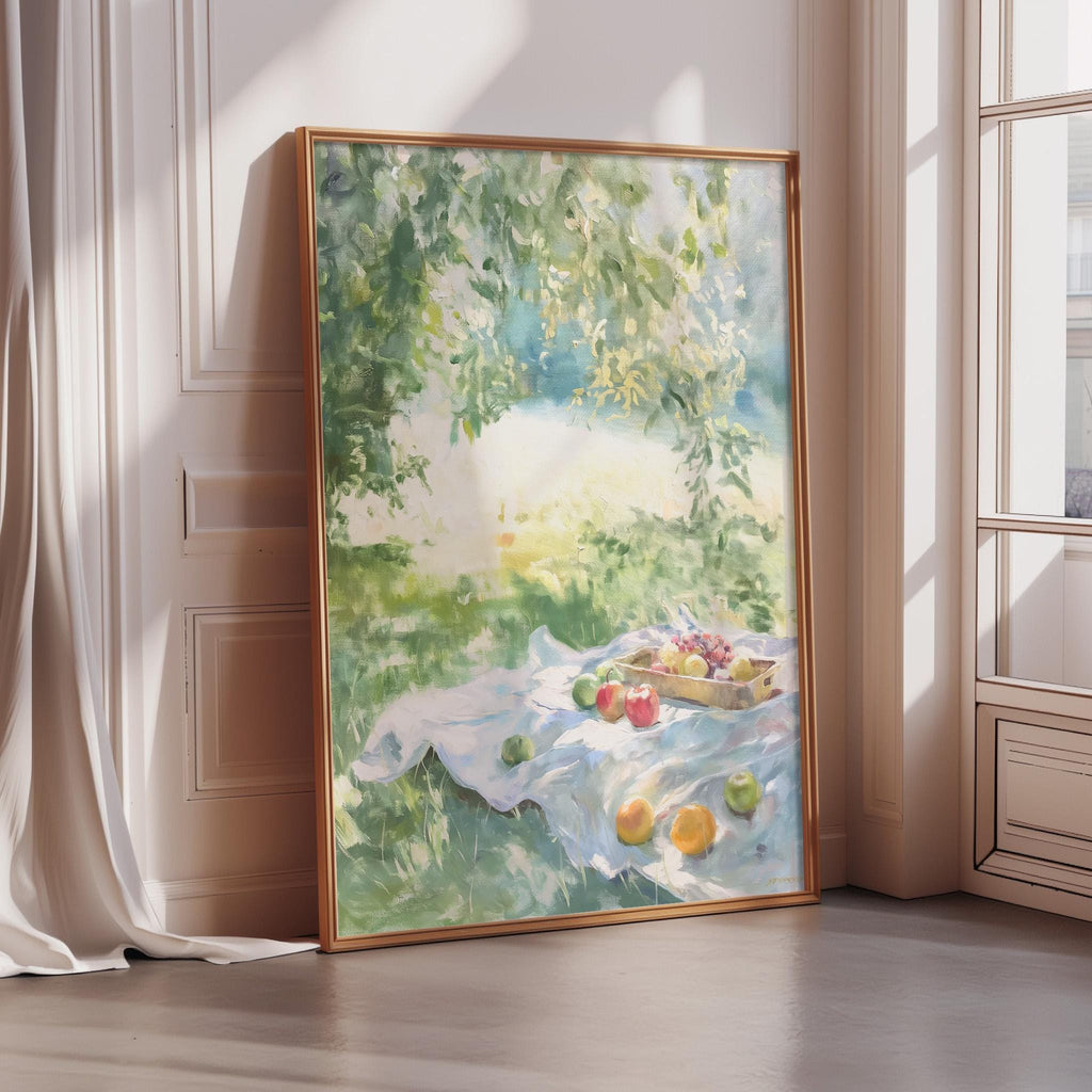 a large painting of a picnic scene with a table set with fruit, including apples, oranges, and bananas.