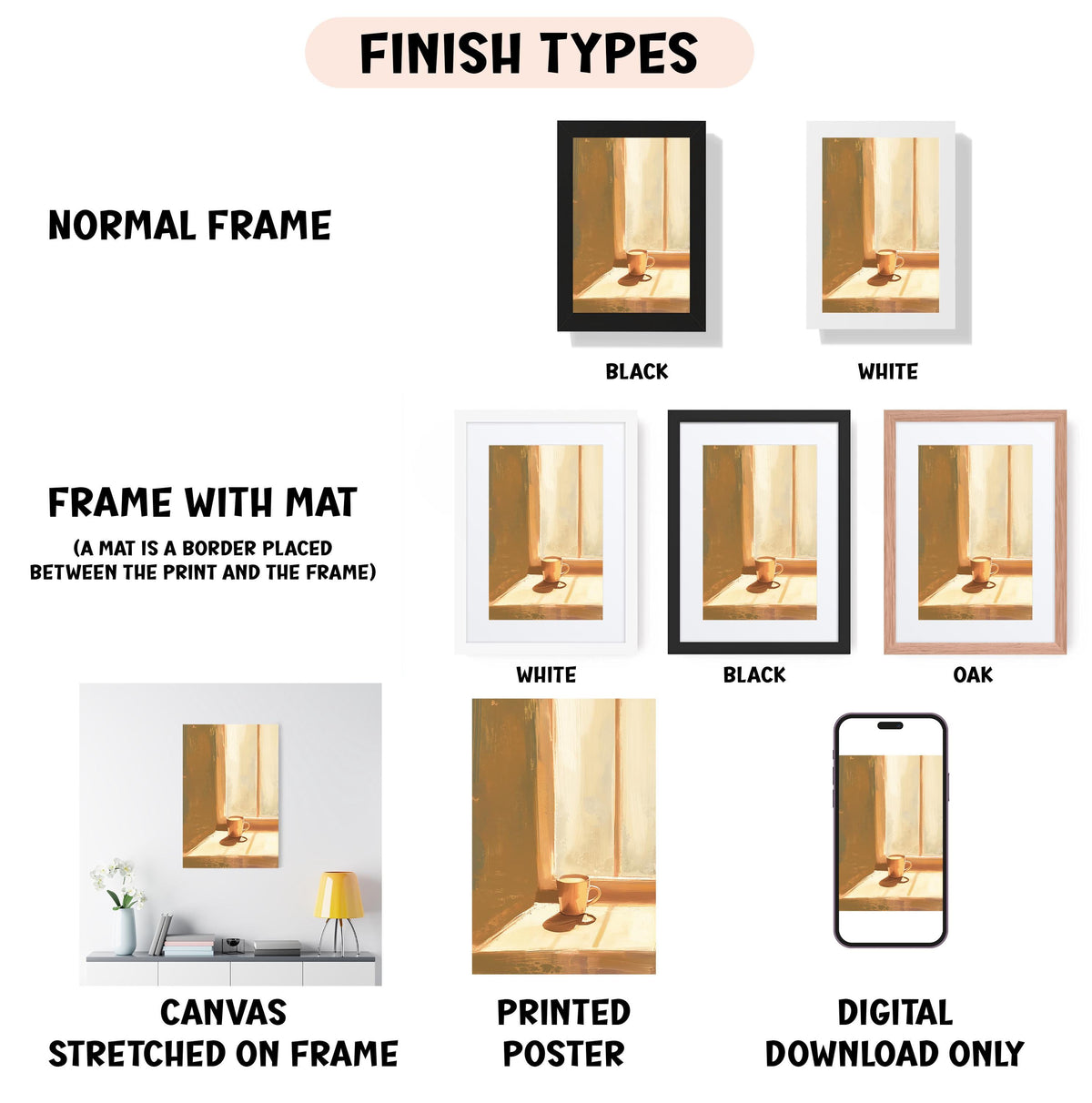 various types of artwork, including a canvas stretched on a frame, a framed print, and a digital poster. The artwork displays different finishes, such as normal frame, black, white, black, and oak. The image also includes a smartphone displaying a picture of a cup of coffee.