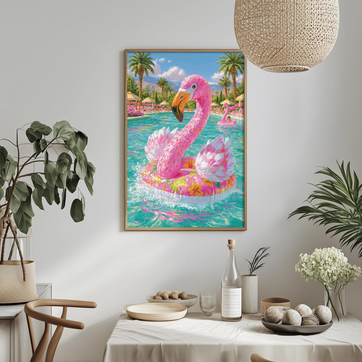 a vibrant painting of a pink flamingo floating on a colorful inner tube in a tropical pool setting, surrounded by palm trees and other tropical foliage.